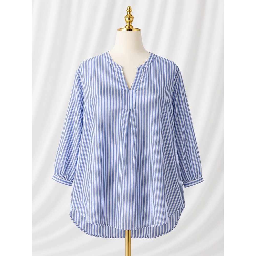 L.L. Bean Popover Top 100% Linen Shirt Women XL Blue White Striped Long Slv